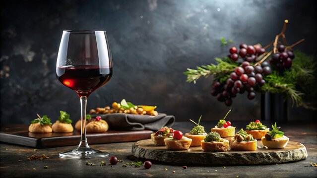 Moody dramatic spotlight on dark grey stone backdrop elegant assortment of miniature savory delights rich burgundy wine soft focus intimate luxurious evening soiree concept
