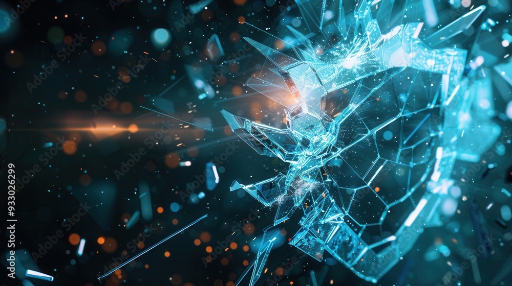 Fototapete a hacker penetrates a digital shield, causing fragments to scatter, highlighting vulnerabilities in 
