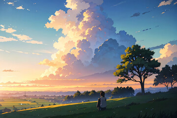 少年が小山で座って街を眺めている