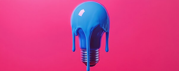 Blue paint dripping over a light bulb against a vibrant pink background symbolizing creativity and innovation