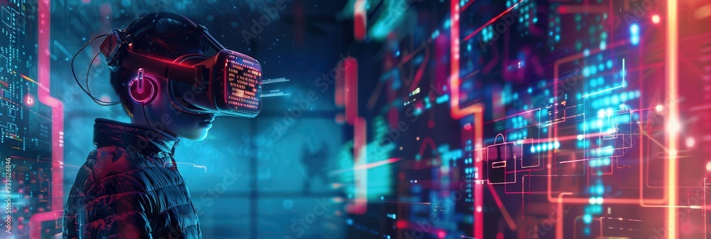 Poster a hacker navigates a virtual environment of digital locks and codes, fully immersed in vr technology
