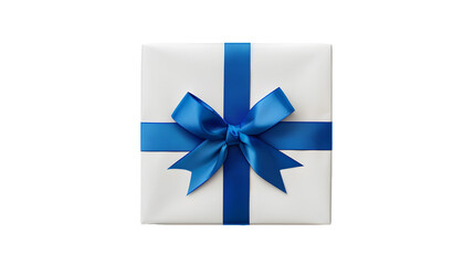 White gift box with blue ribbon top view isolated on white background