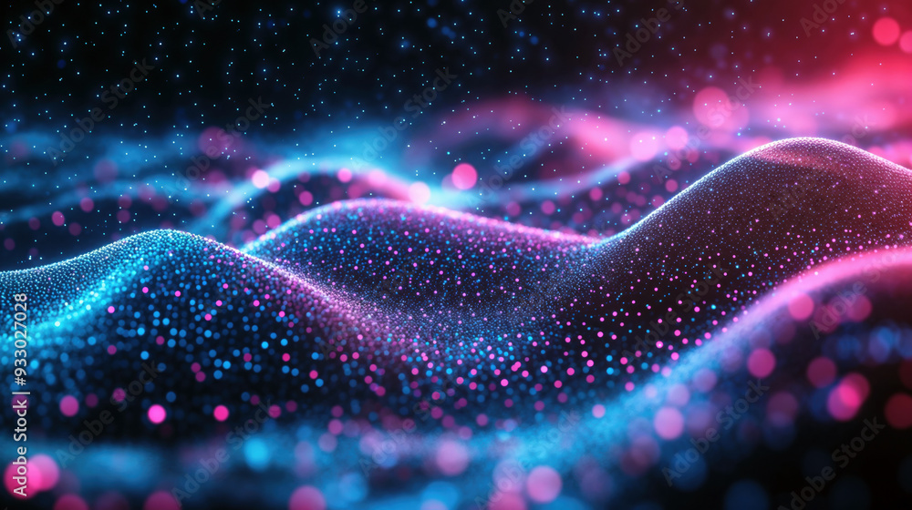Poster abstract digital waves with glowing particles in blue and pink on a dark background. futuristic tech