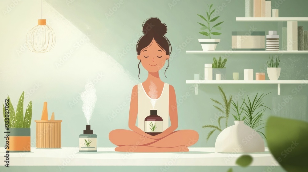 Poster relaxing beauty routine with aromatherapy diffuser in a minimalist cozy home setting flat design sho