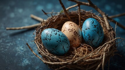 Obraz premium Decorative Easter eggs with twigs in nest on blue background Selective focus.