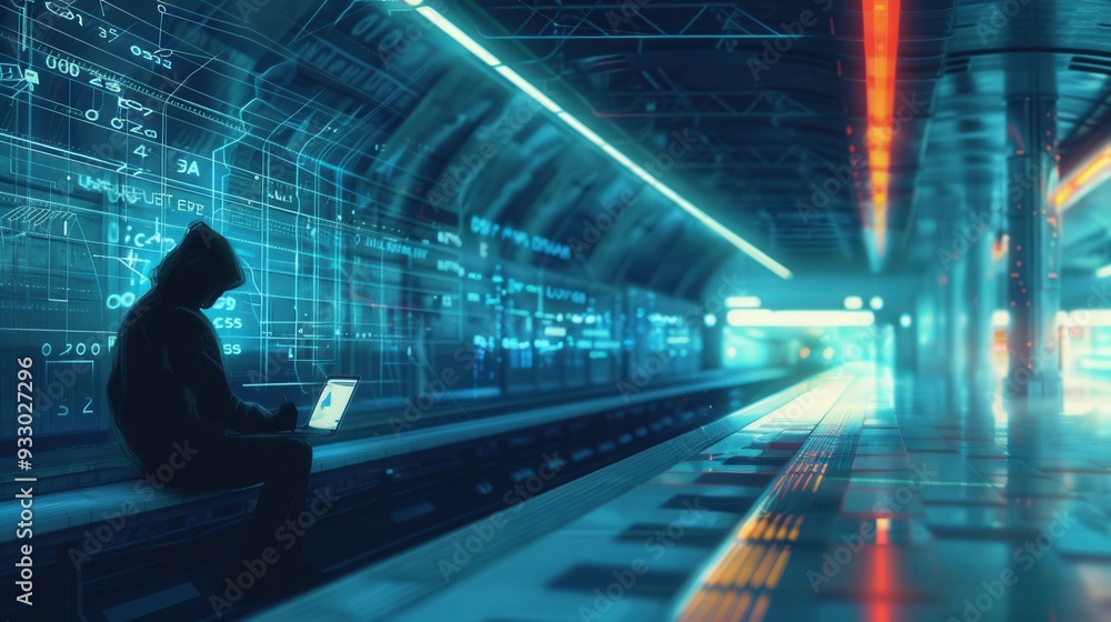 Poster a hacker is focused on their laptop in a crowded metro station, emphasizing the dangers of using pub
