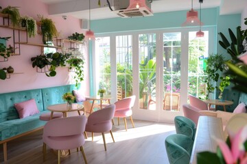 Fototapeta premium A welcoming and social cafe designed for friends, featuring smoothie specialties, vibrant decor, and a lively ambiance.