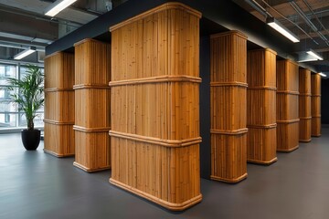 Bamboo partition walls separating office cubicles, creating a natural, sustainable work environment, eco-friendly office partitions, bamboo design