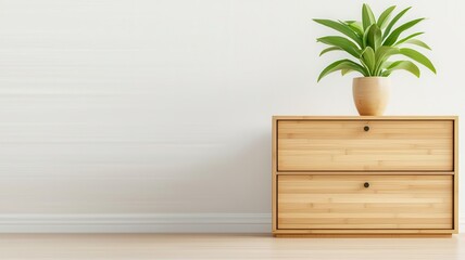 Bamboo storage units and cabinets lining a minimalist office, showcasing sustainable organization solutions, green office organization, bamboo storage furniture