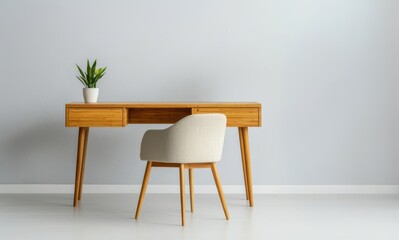 Elegant bamboo desk with a matching chair in a minimalist office, paired with potted plants and a natural color palette, sustainable office design, bamboo office furniture
