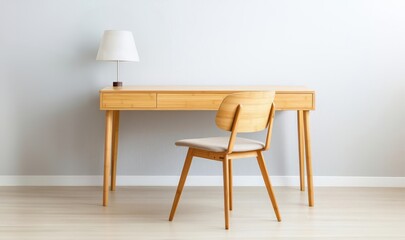 Elegant bamboo desk with a matching chair in a minimalist office, paired with potted plants and a natural color palette, sustainable office design, bamboo office furniture