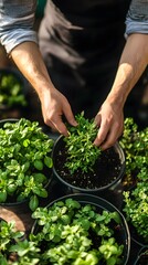Close-up of hands cultivating herb plants in garden