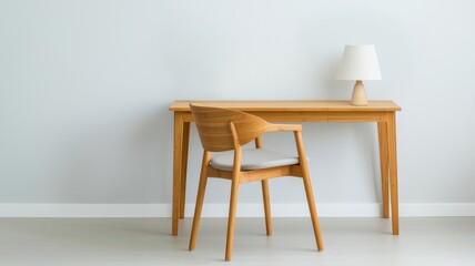 Elegant bamboo desk with a matching chair in a minimalist office, paired with potted plants and a natural color palette, sustainable office design, bamboo office furniture