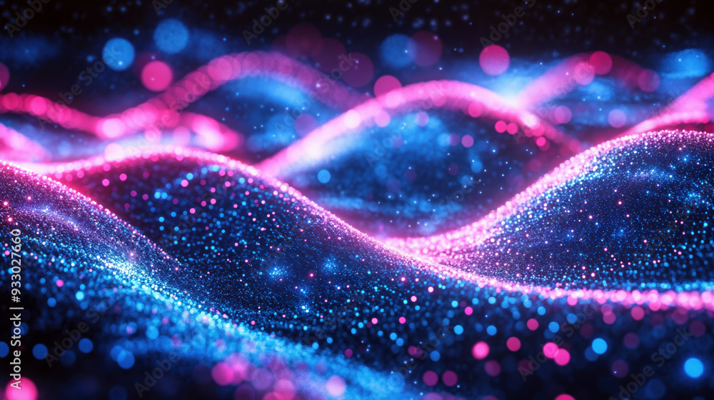 Aufkleber Abstract glowing particles flowing forming wavy surface. Futuristic technology and data visualization concept. High quality photo