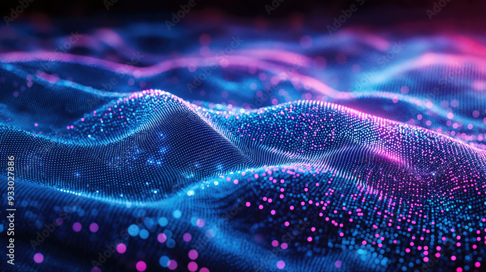 Poster abstract blue and pink glowing particles forming wavy surface. futuristic technology and data visual