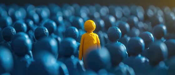 Yellow wodden figure stand out among blue crowd, concept of finding the right person