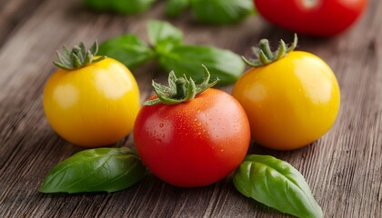 Red and yellow tomatoes, green basil leaves on a wooden background. Close-up of fresh vegetables for a healthy eating or cooking concept.