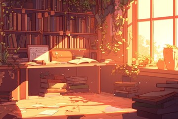 A cozy study area with a desk lamp casting a soft light over books and notes. Cozy vibe, Generative AI