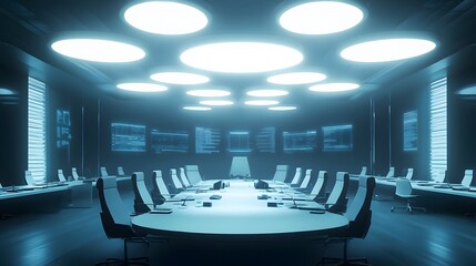 A government briefing room with officials discussing UFO disclosures, sleek modern furniture, bright overhead lighting creating a clinical ambiance, detailed charts and documents on the table,