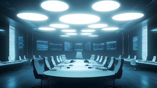 A government briefing room with officials discussing UFO disclosures, sleek modern furniture, bright overhead lighting creating a clinical ambiance, detailed charts and documents on the table,