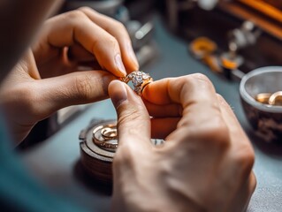 Jeweler Holding a Diamond Ring.