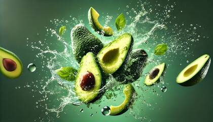 Avocado Splash: Dynamic Avocado Halves Exploding with Freshness