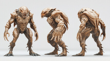 A fierce and menacing creature stands in three poses, showcasing its muscular build and sharp claws. design emphasizes its intimidating features and powerful stance.