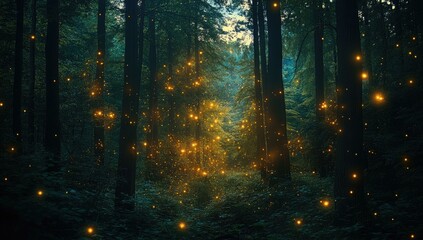 Obraz premium Fireflies illuminate a dark forest.