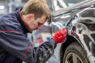 Specialized auto body repair restores dented fenders to flawless finish with meticulous restoration