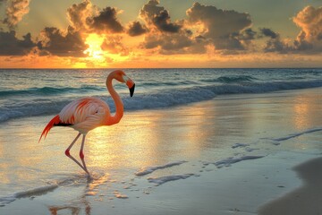 Fototapeta premium A pink flamingo walks on a sandy beach. This image is perfect for travel brochures or websites showcasing tropical destinations.
