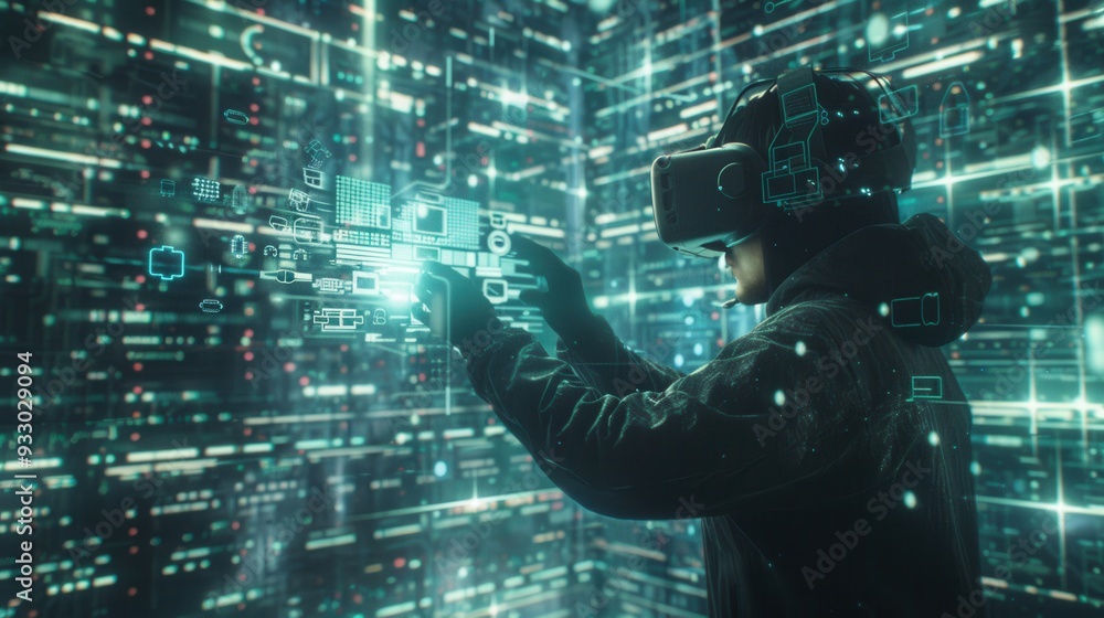 Poster a hacker navigates a virtual space filled with floating locks and intricate codes while wearing a vr