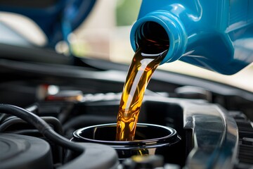 Blue jug pouring fresh oil into car engine; clear oil emphasized against blurred background