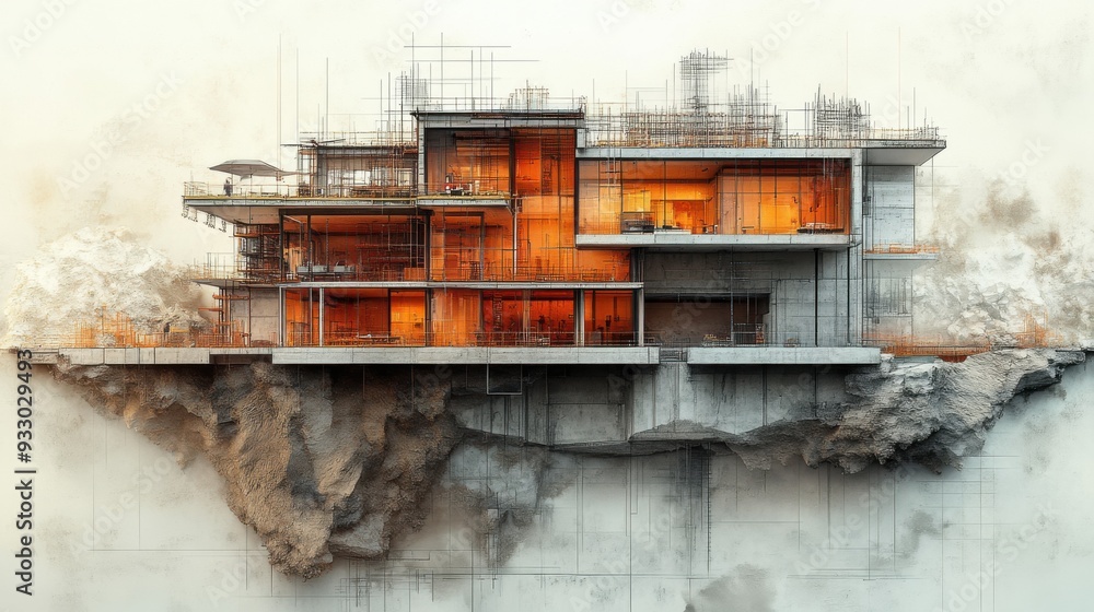 Aufkleber modern architectural design with layered structure and warm lighting.