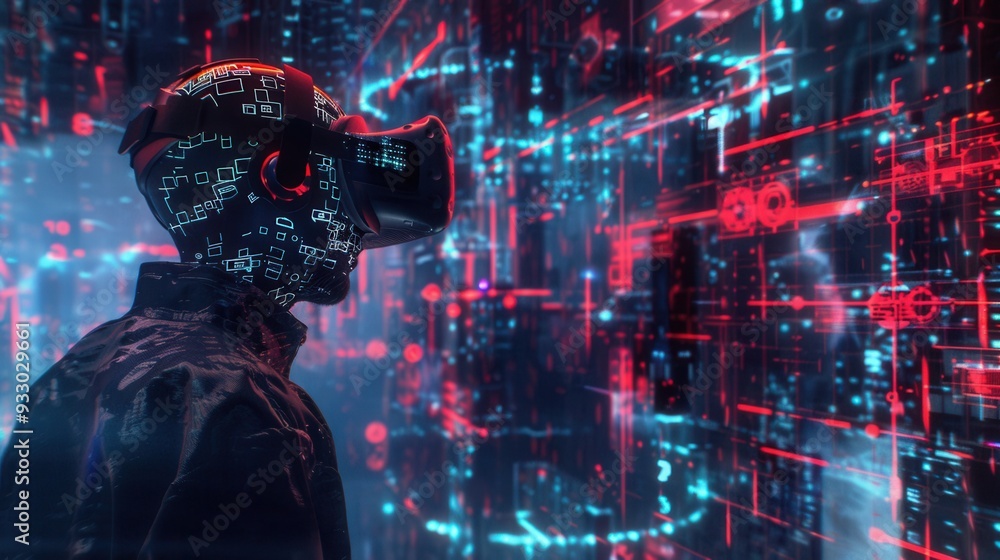 Aufkleber A hacker navigates through a vibrant virtual reality filled with digital locks and codes, fully immersed in the cyber world. Generative AI