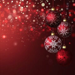 Red merry Christmas greeting with balls and bokeh background. New Year concept abstract festive red bokeh with copy space
