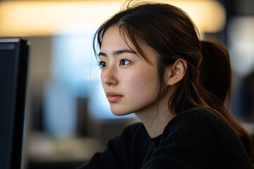 Portrait of serious shorthaired japanese woman at office examining work task
