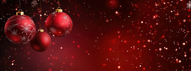 Red merry Christmas greeting with balls and bokeh background. New Year concept abstract festive red bokeh with copy space