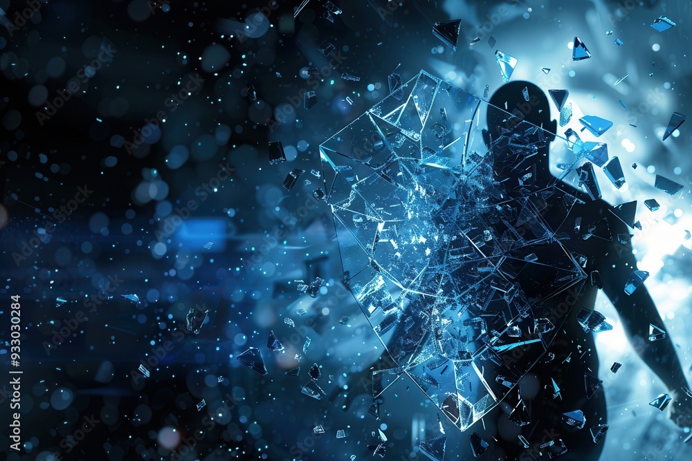 Poster a hacker breaches a digital shield, causing fragments to scatter in a dark, high-tech setting, highl