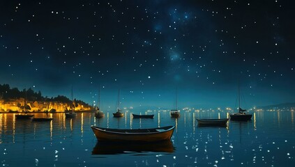 Fototapeta premium Boats anchored in a calm bay under a starry sky.