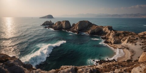 Aerial view of sea waves and fantastic rocky coast in turkey.