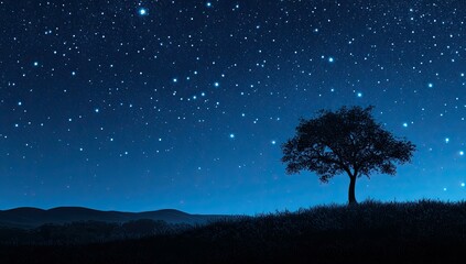 Silhouetted tree under a starry sky.