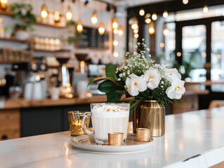 Fototapeta premium A professionals-friendly rustic cafe featuring espresso specialties, with a sophisticated vibe, cozy setting, and warm decor.
