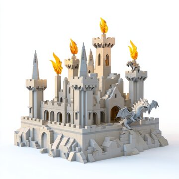 recommend clip art: 3D Render of a castle with dragon sculptures and flaming torches, on isolated white background