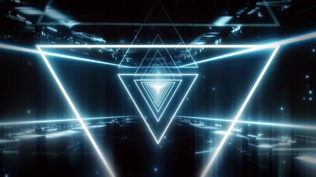 Neon Reflection VJ Universal Background Loop. Travel passing neon nebula on light bridge with reflection go to deep background seamless loop.

