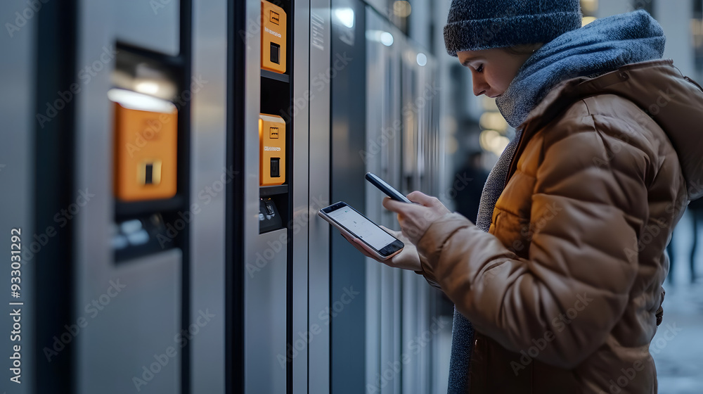 Poster a person is utilizing a smart delivery locker system in an urban environment, engaging with their mo