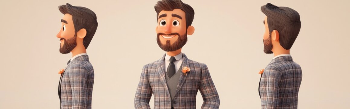 3D Cartoon Portrait of a Cheerful Groom in a Gray Plaid Three Piece Suit Before His Wedding