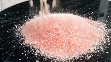 Pink himalayan salt falls onto a black marble table, creating a small mountain against a clean backdrop. The natural crystals add elegance to gourmet cooking. Perfect for seasoning meals