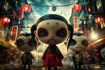 Naklejka premium dark and eerie illustration of three doll-like figures with large, haunting eyes, standing in dimly lit street adorned with red lanterns. central figure has sad expression, adding chilling atmosphere