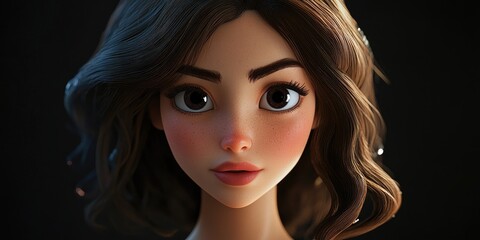 Fototapeta premium 3D Cartoon Portrait of a Gorgeous Young Brunette Woman Gazing at the Viewer
