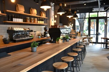 Fototapeta premium Rustic charm in a professionals-friendly cafe with espresso offerings, sophisticated decor, and a cozy ambiance.